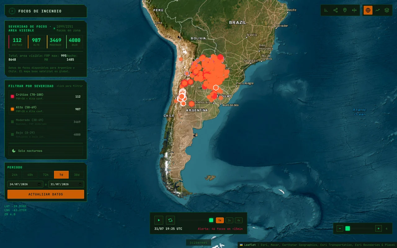 The Patagonia Fires map, showing active hotspots across Argentina and Chile
